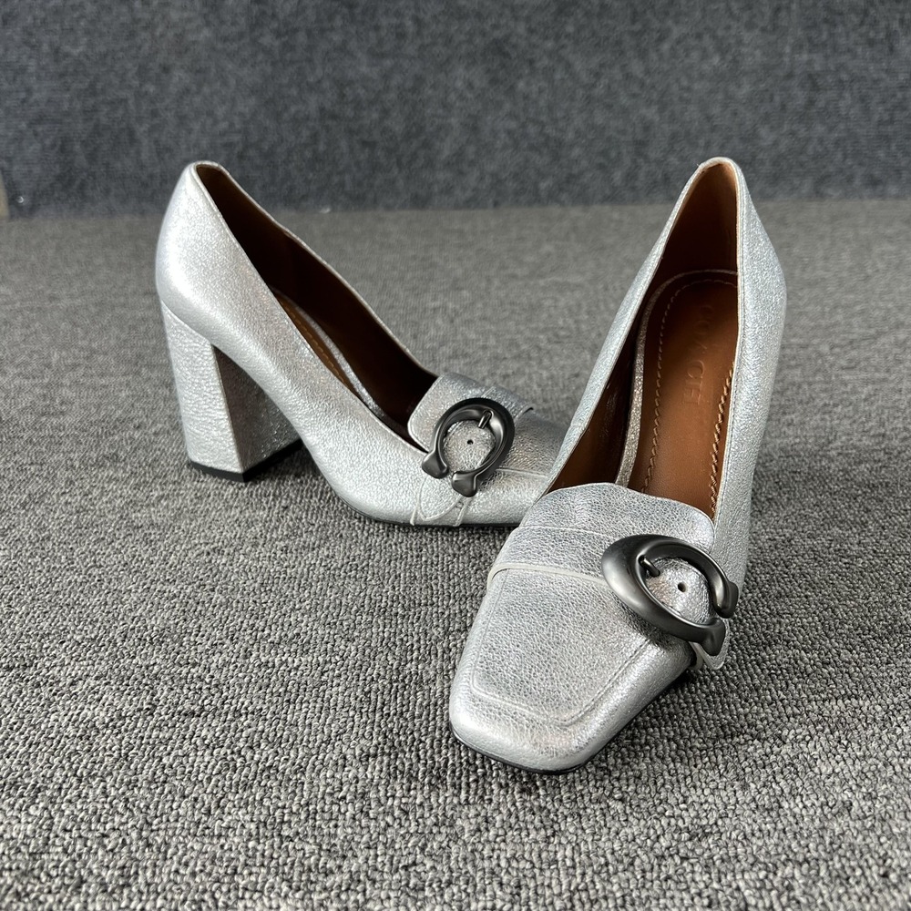 Coach Heels Womens 5.5 Silver Leather Block Heel Logo Buckle Square Toe Pumps‎